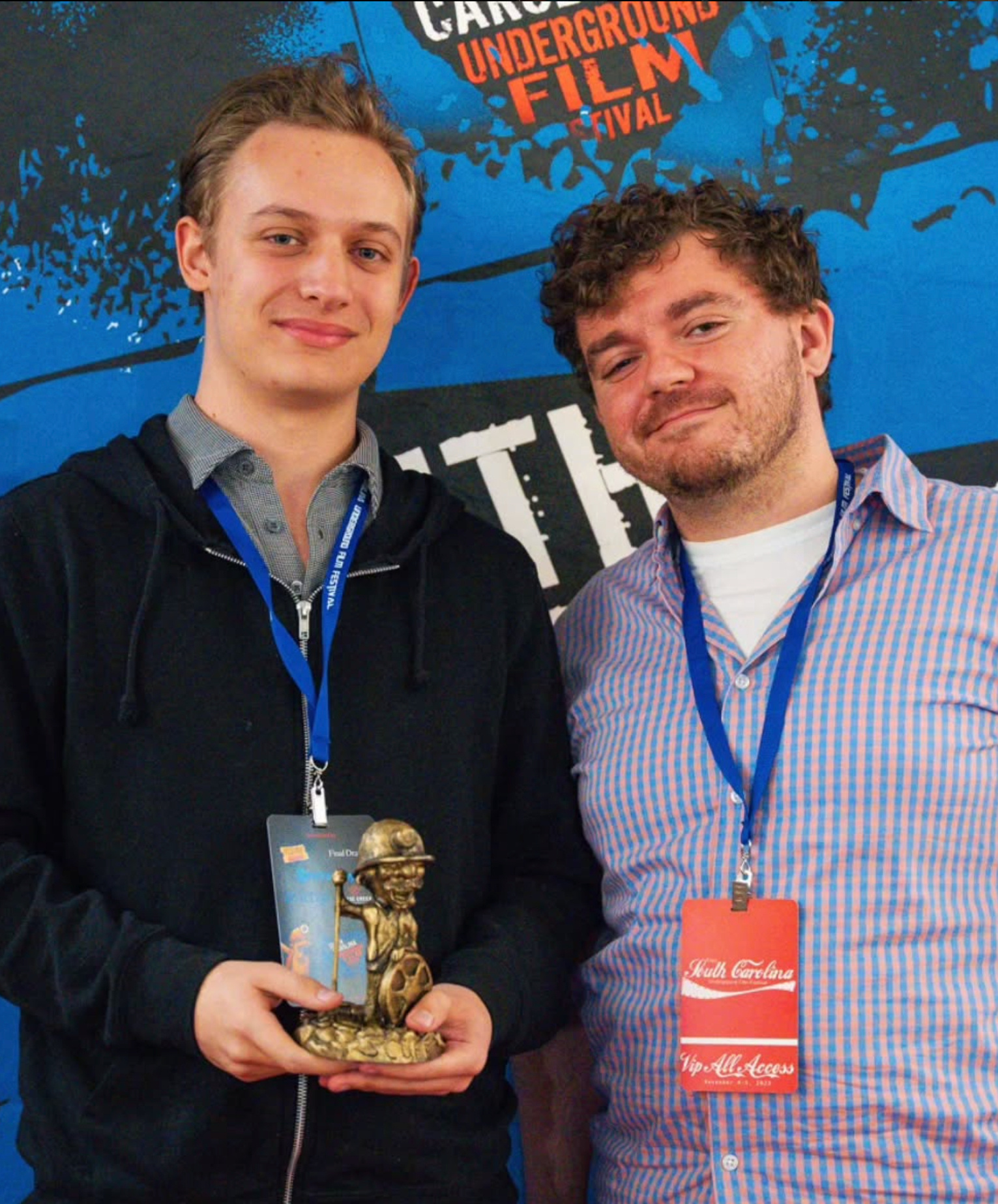 JoJo Scanlon (left) and Will Brady (right) after accepting the award for Best Animation for "BRUTUS" from the South Carolina Underground Film Festival (2024)